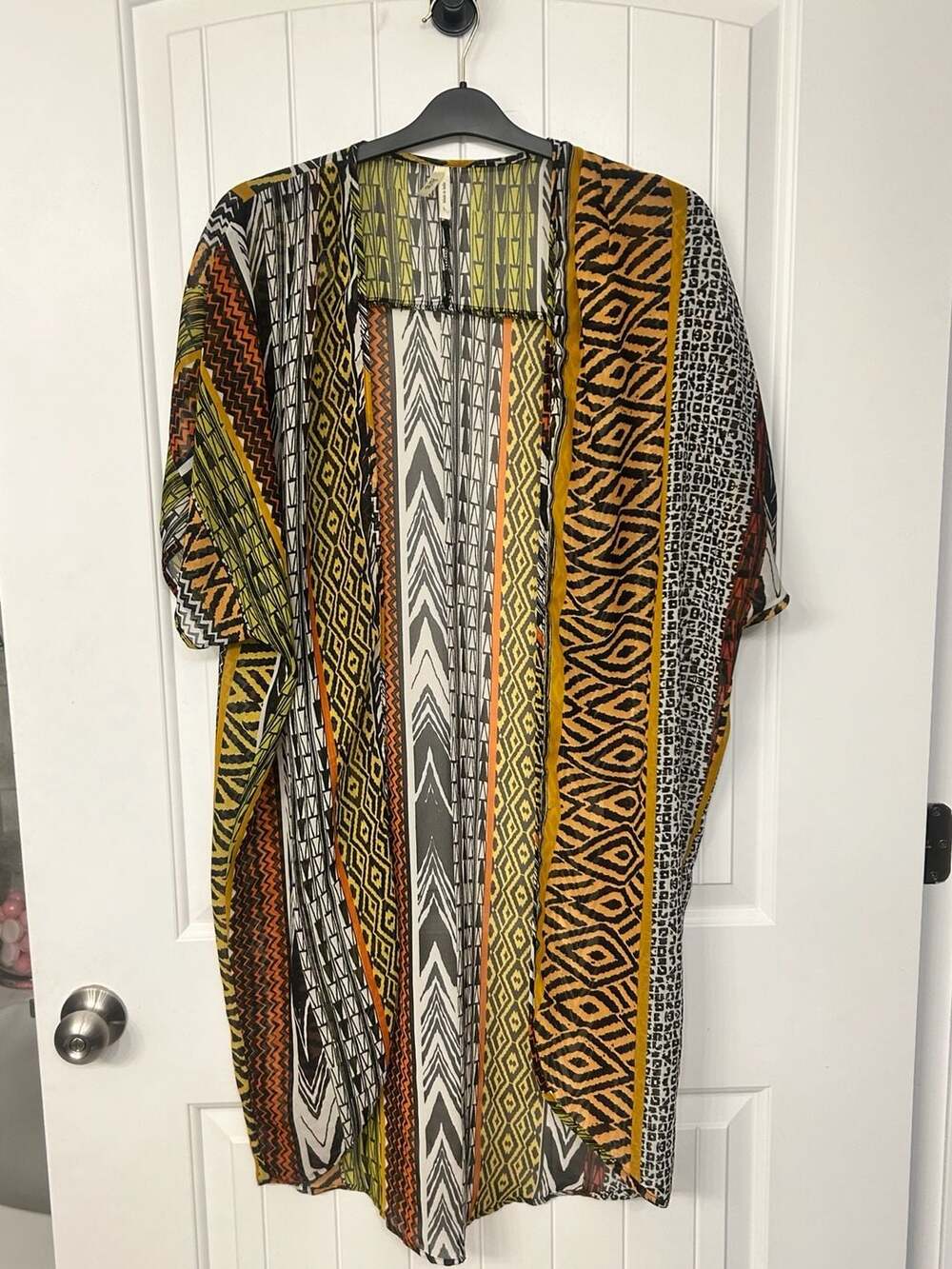 Truth NYC Mixed Geometric Tribal Print Sheer Open Front Kimono Cardigan - Large